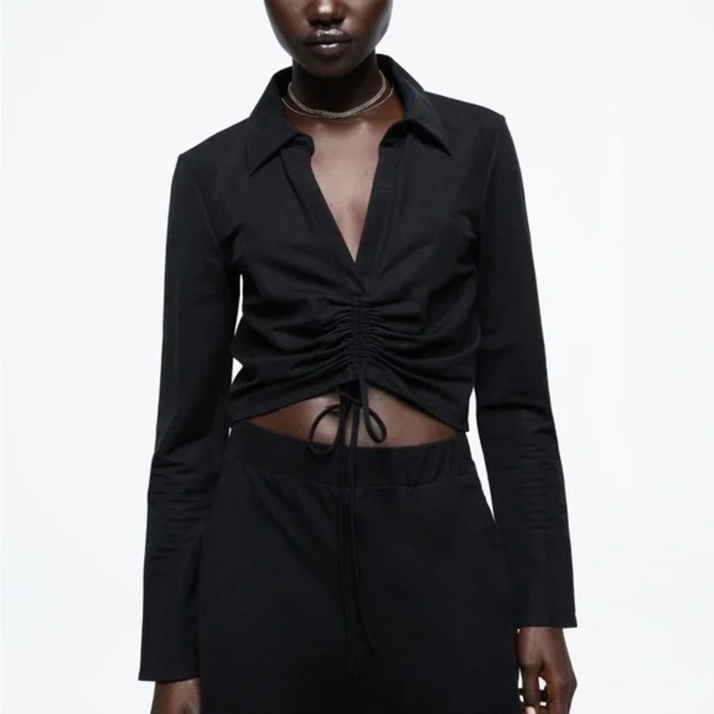 Zara black collar cinch long sleeve top